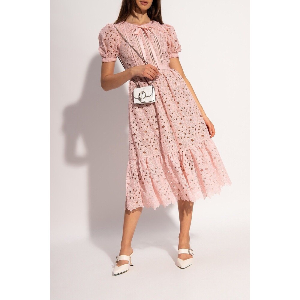 Self-Portrait Blush Guipure Midi Dress Puff Sleeve Cottagecore Romantic Sz 0 NWT